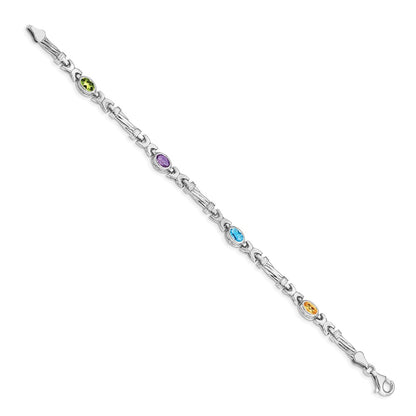 14k White Gold Complete Oval Peridot/Amethyst/Aquamarine/Citrine Fancy Link 7 inch Rainbow Bracelet