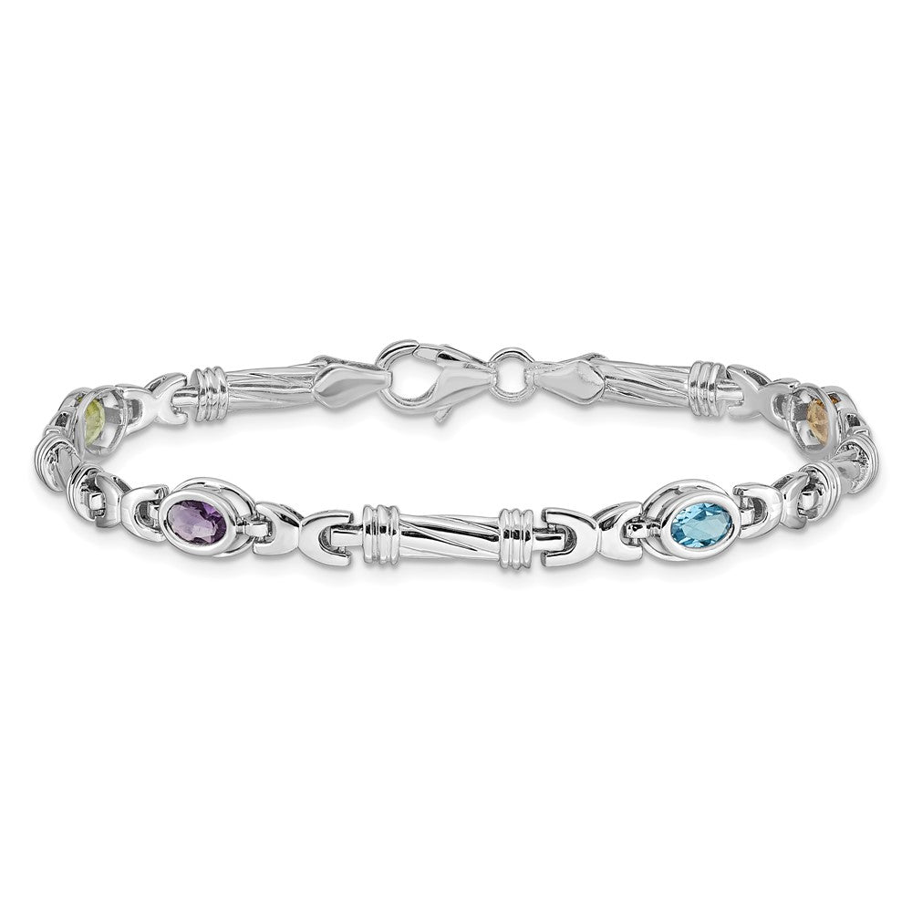 14k White Gold Complete Oval Peridot/Amethyst/Aquamarine/Citrine Fancy Link 7 inch Rainbow Bracelet