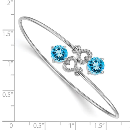 14k White Gold Complete Round Blue Topaz and 1/8 carat Diamond Hearts Flexible Bangle Bracelet