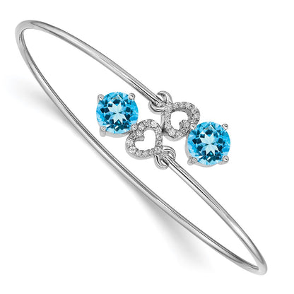 14k White Gold Complete Round Blue Topaz and 1/8 carat Diamond Hearts Flexible Bangle Bracelet