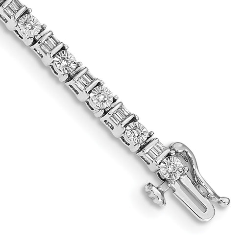 14k White Gold Complete 1 carat Round and Baguette Diamond 7 inch Tennis Bracelet