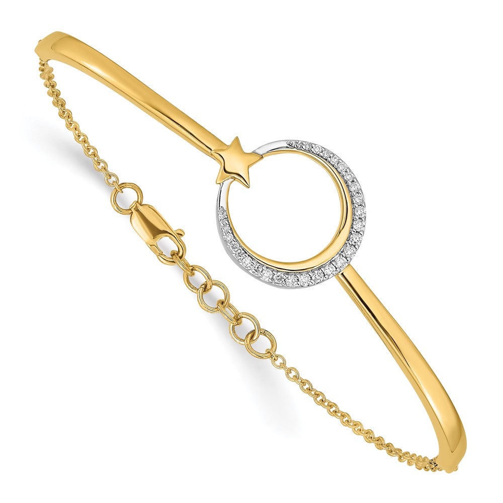 14k Polished Moon and Star Complete 1/8 carat Diamond Half-Bangle 7 inch Bracelet with 0.5 inch Extender