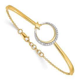 14k Polished Moon and Star Complete 1/8 carat Diamond Half-Bangle 7 inch Bracelet with 0.5 inch Extender