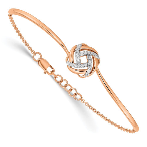 14k Rose Gold Polished Complete 1/8 carat Diamond Love Knot Half-Bangle 7 inch Bangle with 0.5 inch Extender
