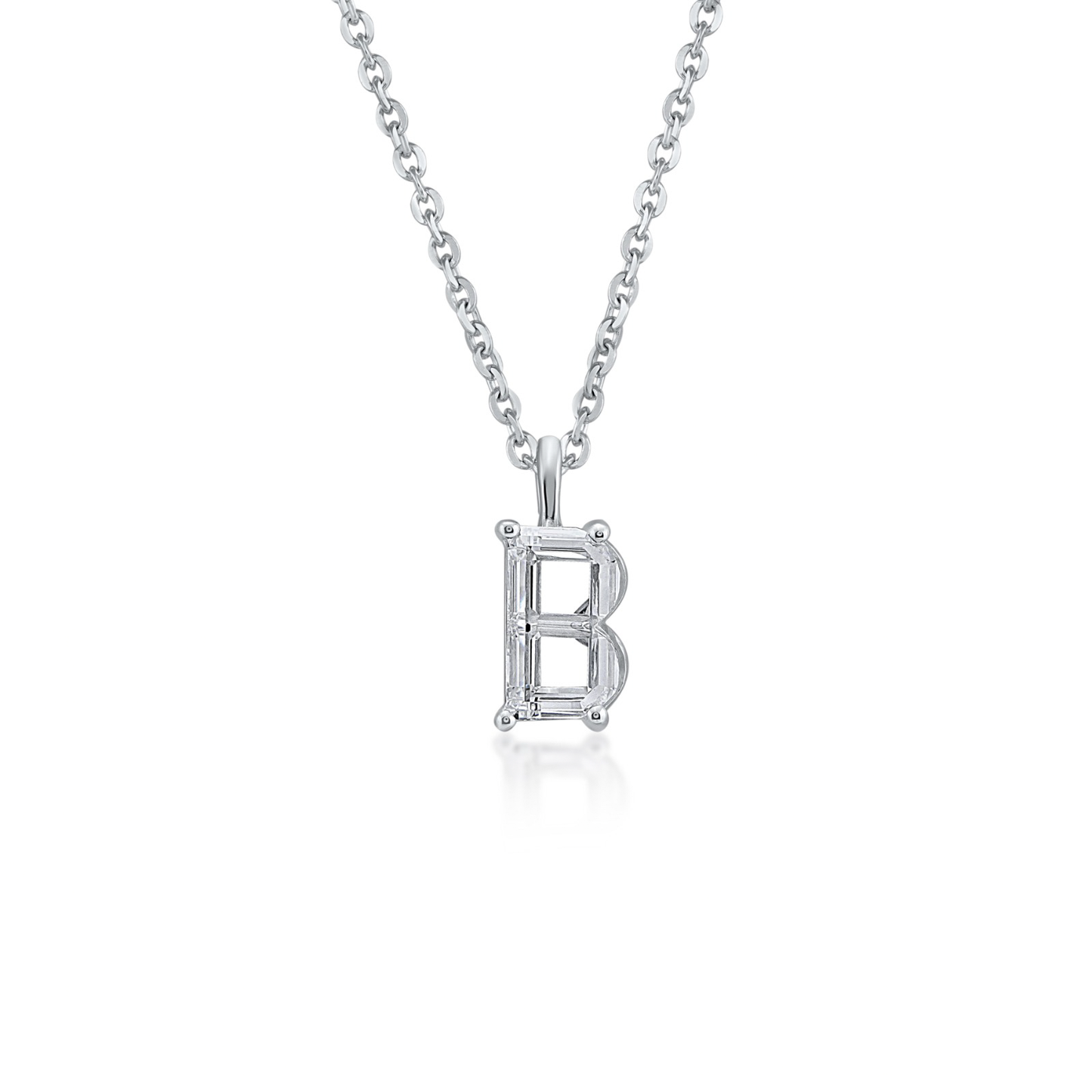 White gold necklace with a 'B' shaped diamond pendant on a white background