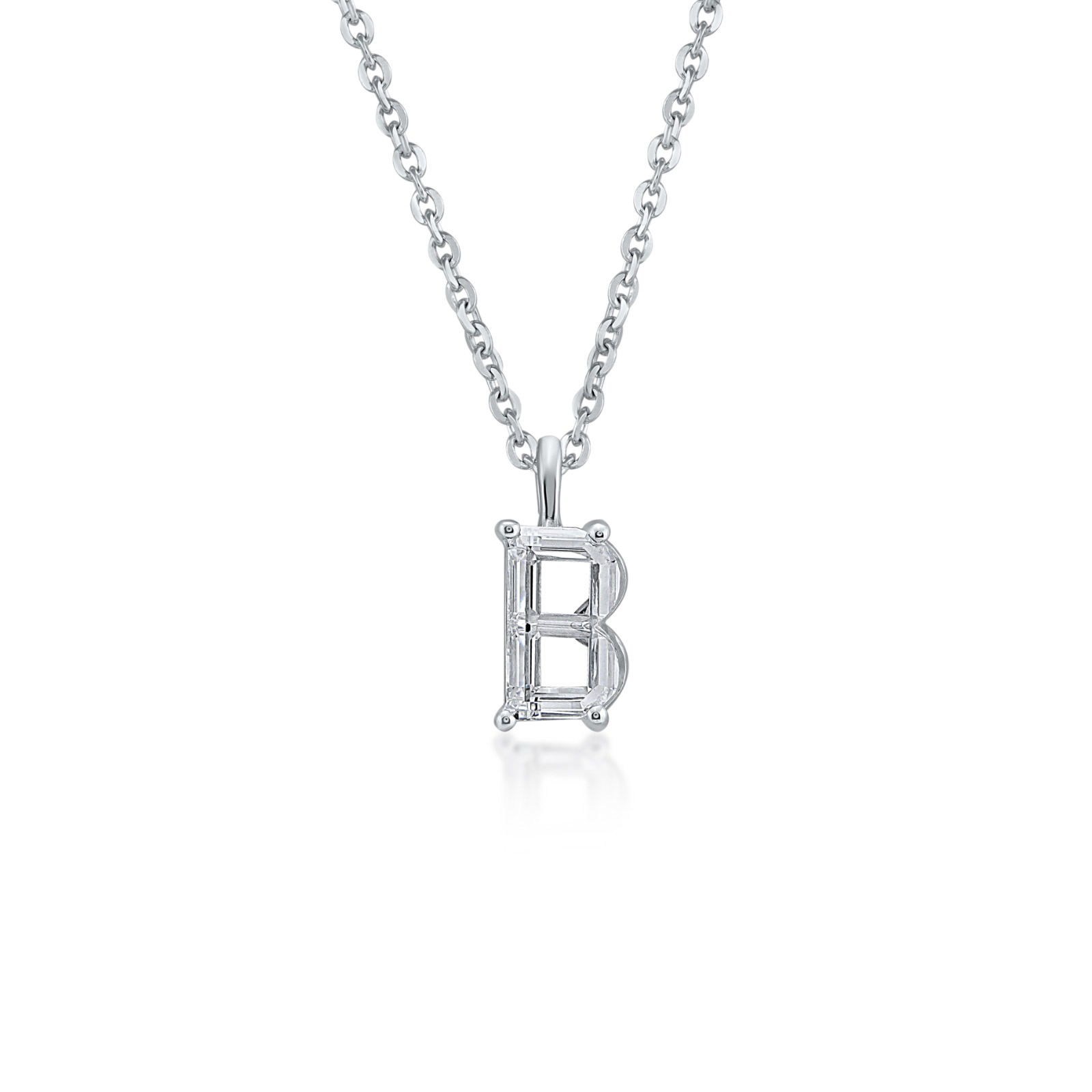 White gold necklace with a 'B' shaped diamond pendant on a white background