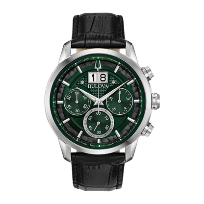 Bulova Classic Sutton Chronograph Black Leather Green Dial Watch 44 mm