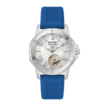 Bulova Marine Star Blue Silicone Strap White Dial Automatic Watch 35 mm