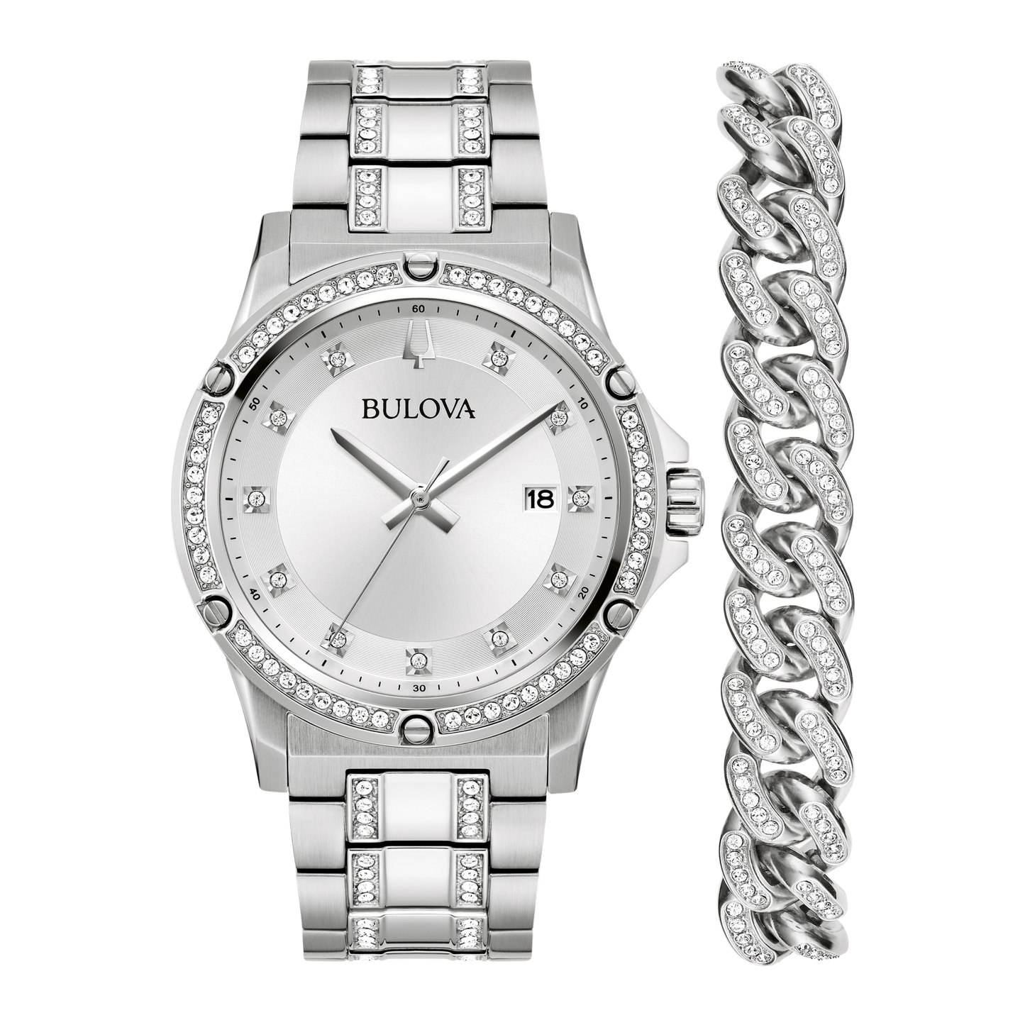 Bulova Crystal Box Set Stainless Steel Silver-Tone Dial Watch 42 mm