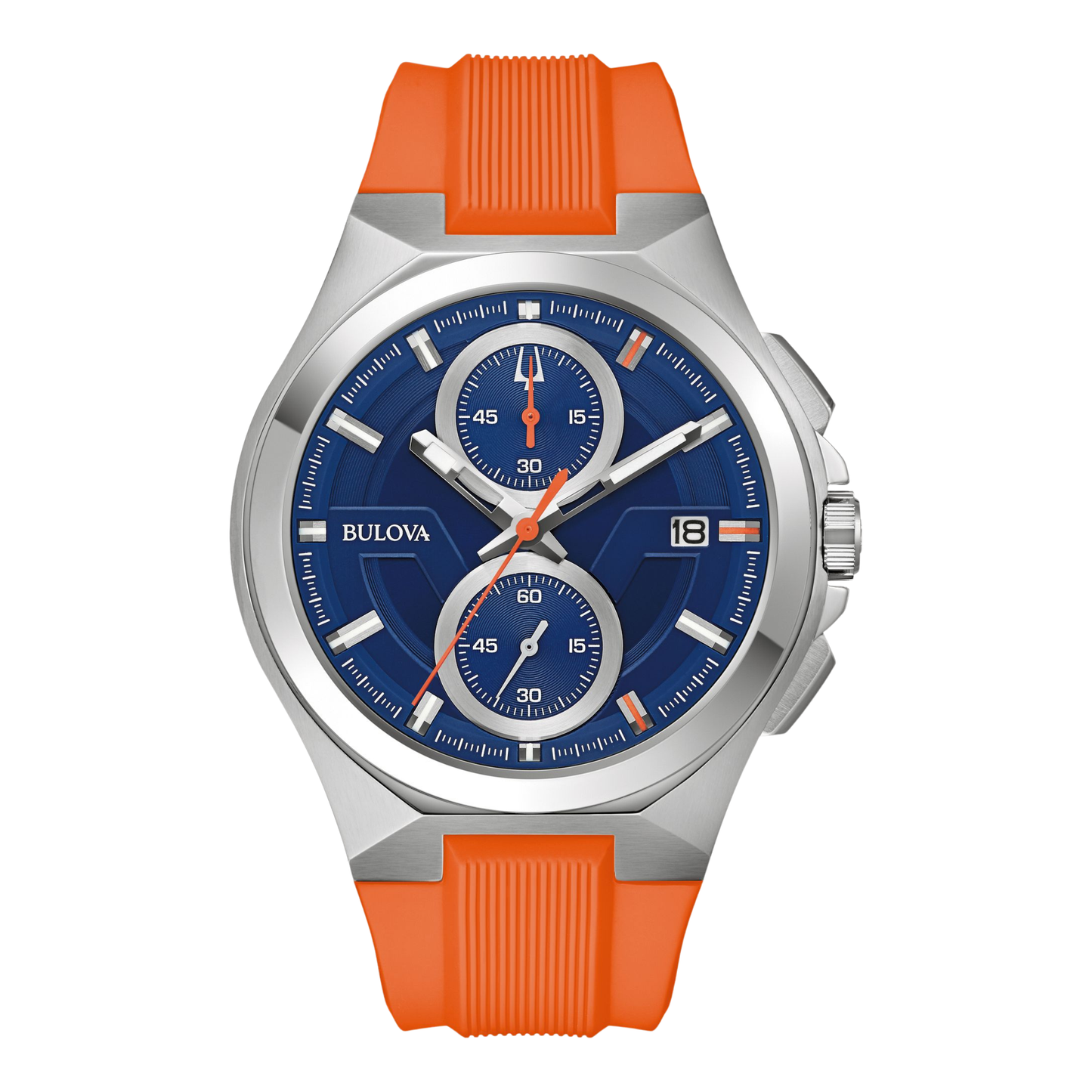Bulova Marc Anthony Maquina Chronograph Orange Silicon Strap Blue Dial Watch 46 mm