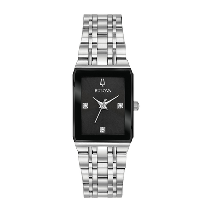 Bulova Modern Quadra Silver Stainless Steel Black Dial Watch 20.5 mm