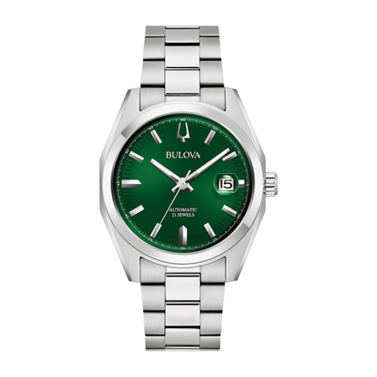 Bulova Surveyor Silver Stainless Steel Green Dial Automatic Watch 39 mm