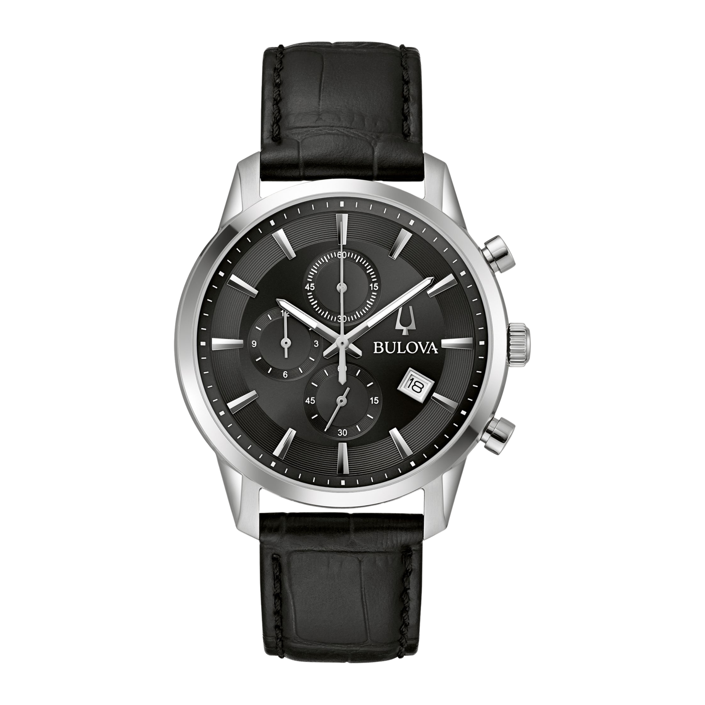 Bulova Sutton Chronograph Black Leather Black Dial Watch 41 mm
