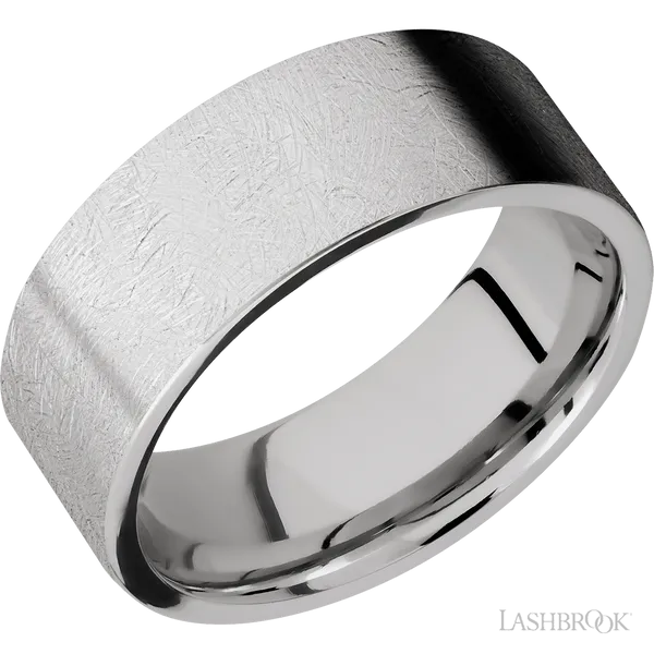 This Cobalt Chrome wedding band features a flat style with a flat setting. The piece is polished and elegant, crafted without diamonds for a refined finish.