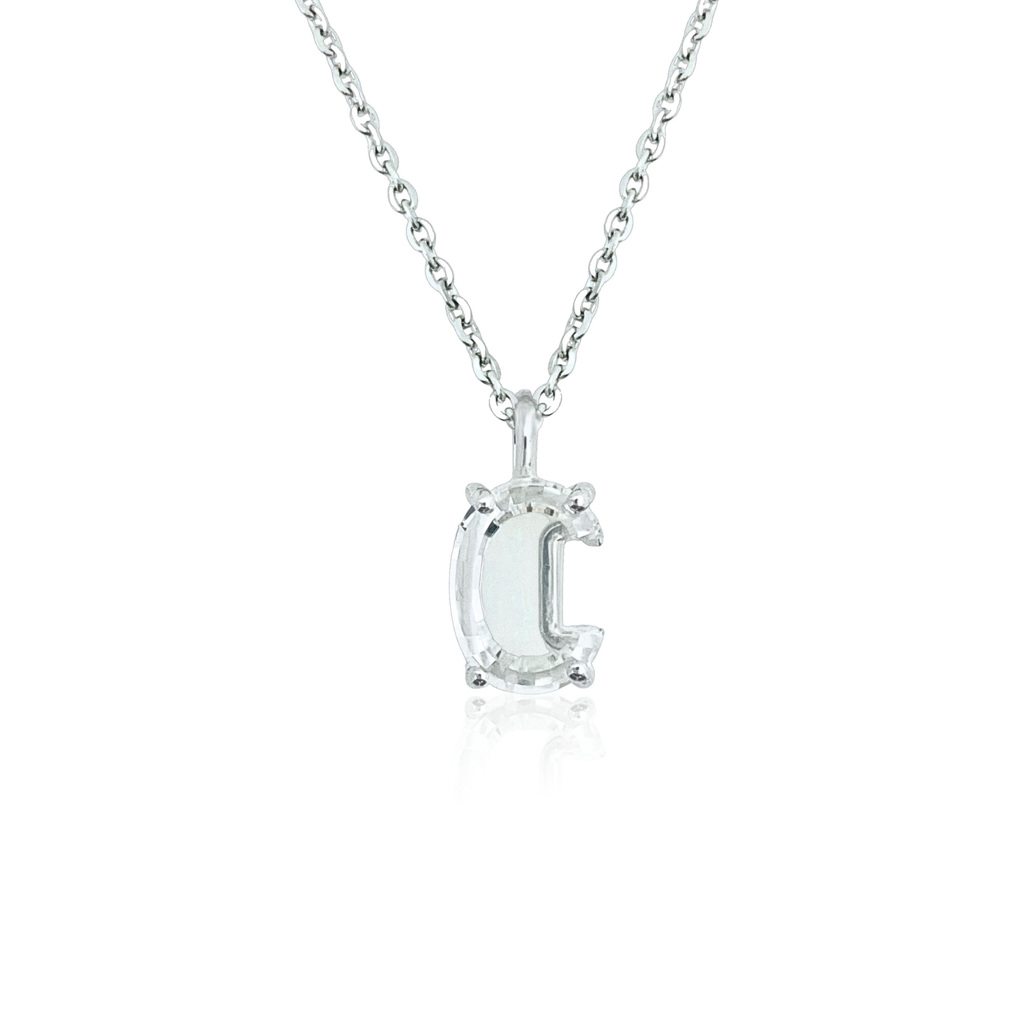 White gold necklace with a "C" shaped single diamond pendant on a white background