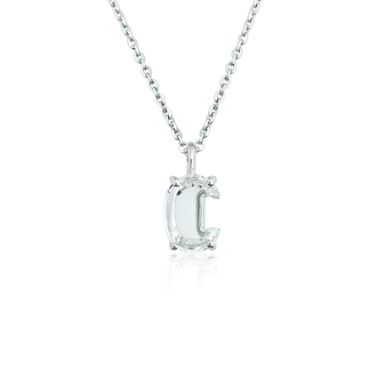 White gold necklace with a "C" shaped single diamond pendant on a white background
