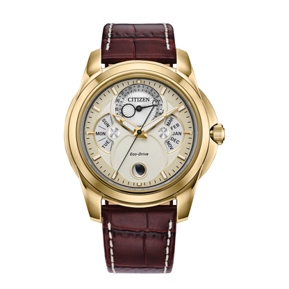 Citizen Calendrier Leather Strap Gold-Tone Dial Watch 41.8 mm