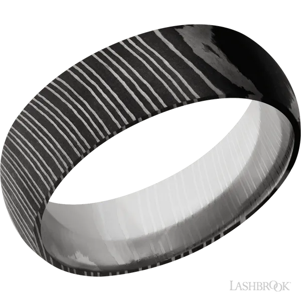 This Damascus Steel wedding band features a domed style with a domed setting. The piece is polished and elegant, crafted without diamonds for a refined finish.