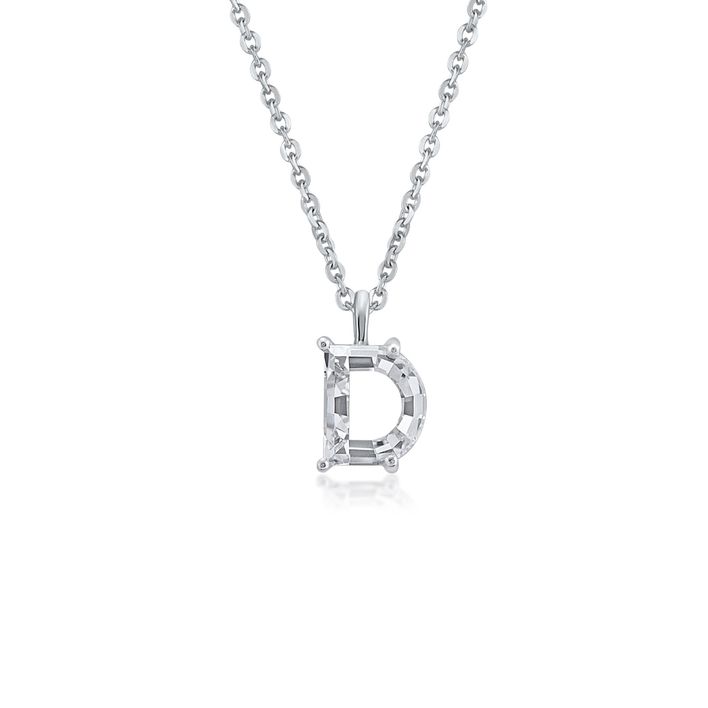 White gold necklace with a 'D' shaped diamond pendant on a white background