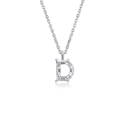 White gold necklace with a 'D' shaped diamond pendant on a white background
