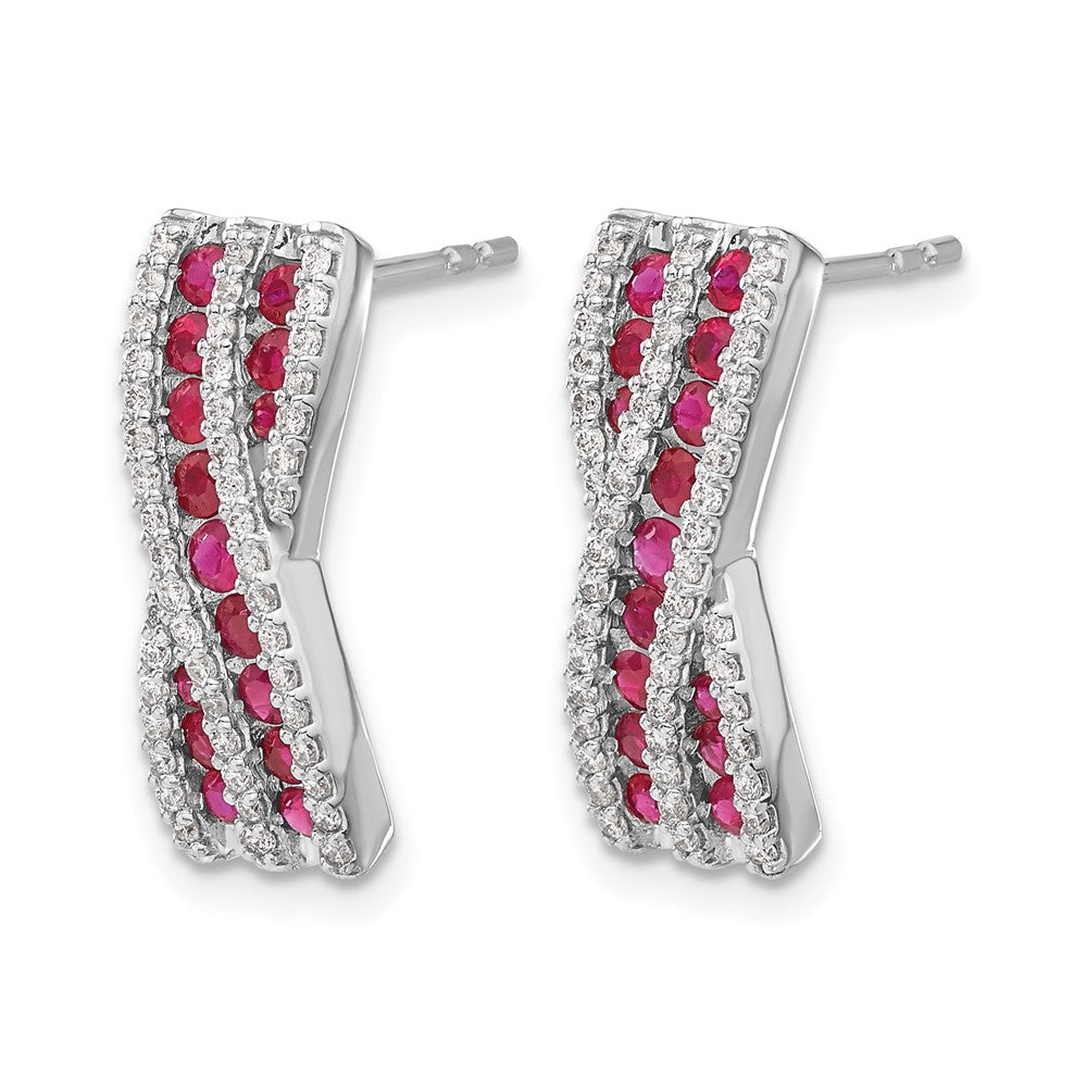 14k White Gold Curved Diamond and Ruby Post Earrings - Image 2