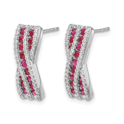 14k White Gold Curved Diamond and Ruby Post Earrings - Image 2
