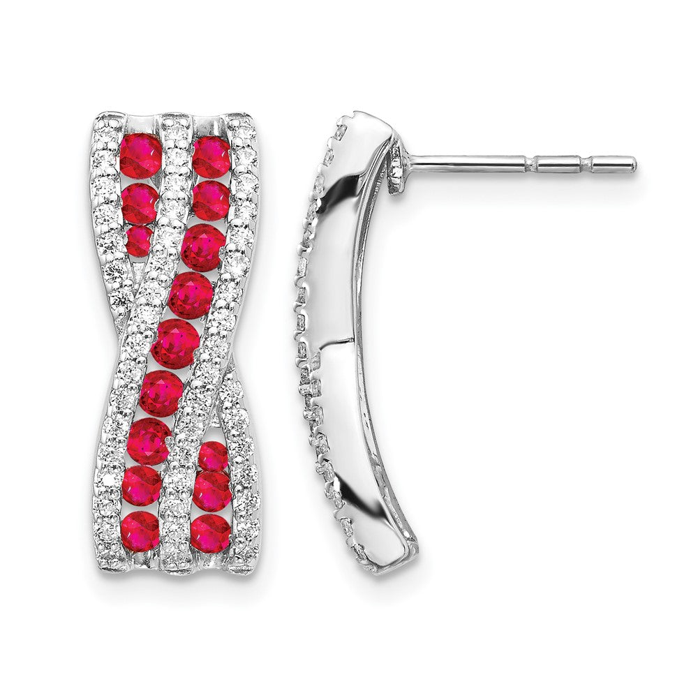 14k White Gold Curved Diamond and Ruby Post Earrings - Image 1