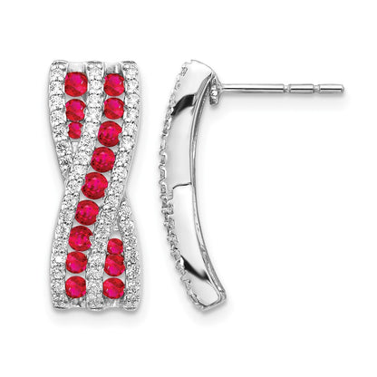 14k White Gold Curved Diamond and Ruby Post Earrings - Image 1