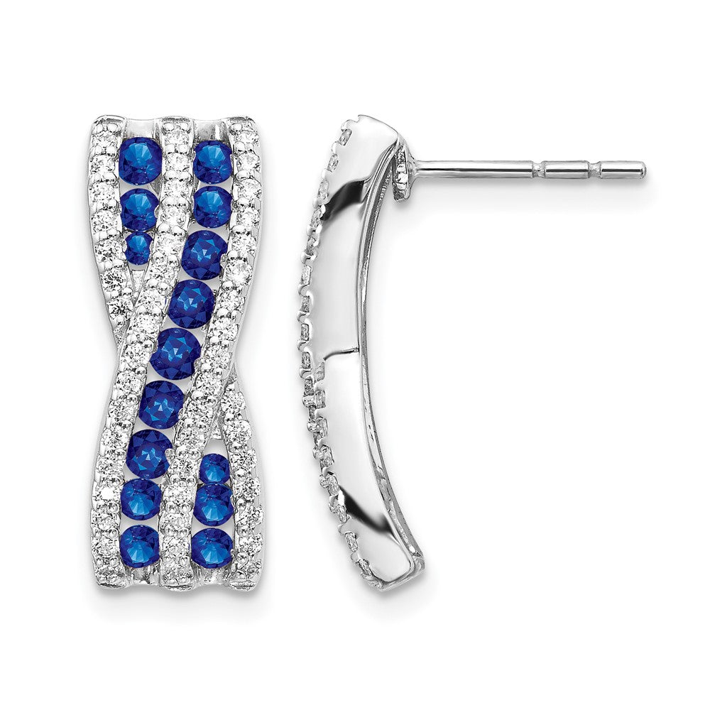 14k White Gold Curved Diamond and Sapphire Earrings - Image 1