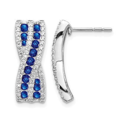 14k White Gold Curved Diamond and Sapphire Earrings - Image 1