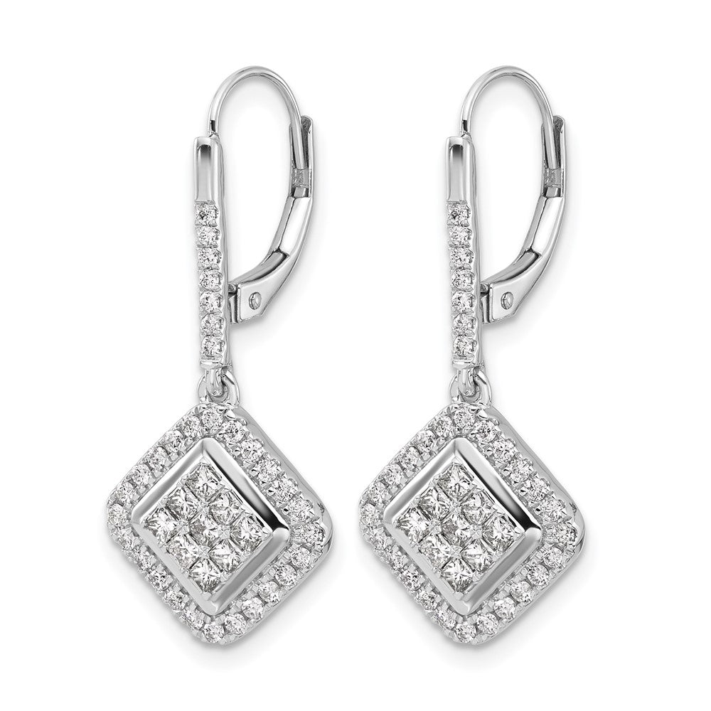 14k White Gold 1 carat Diamond Square Cluster Leverback Earrings - View 2
