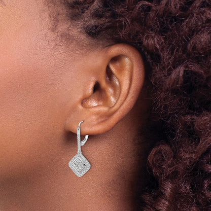 14k White Gold 1 carat Diamond Square Cluster Leverback Earrings - View 3