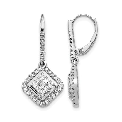 14k White Gold 1 carat Diamond Square Cluster Leverback Earrings