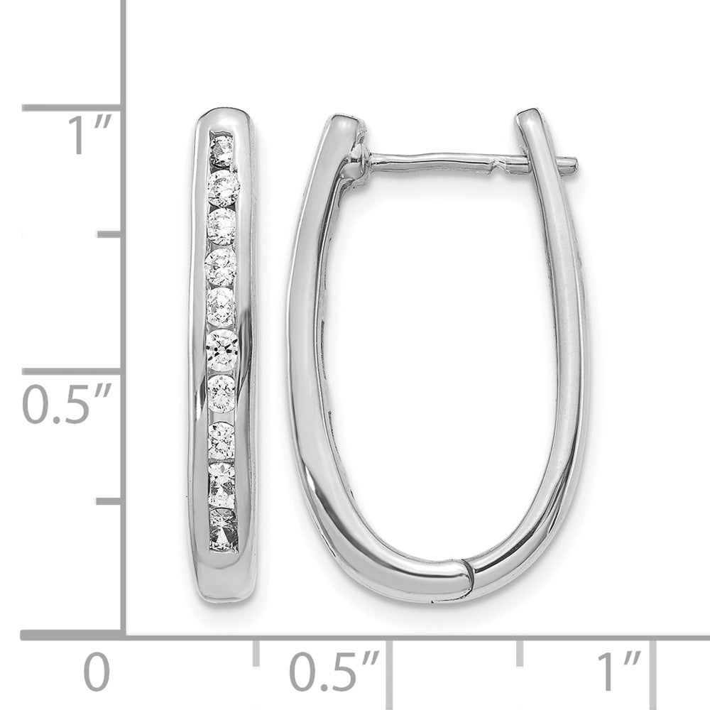 14k White Gold Diamond Oval Hinged Hoop Earrings - View 4