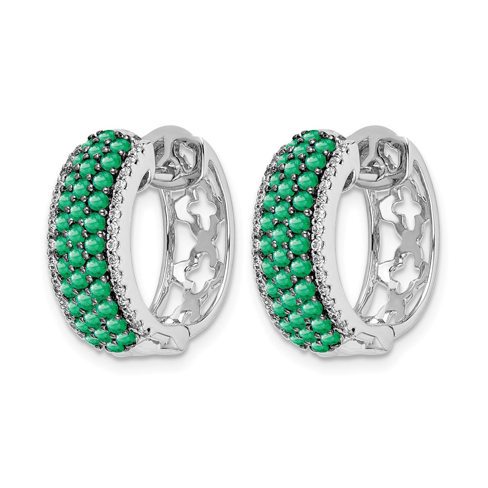 14k White Gold Diamond and Emerald 18mm Hinged Hoop Earrings - View 2