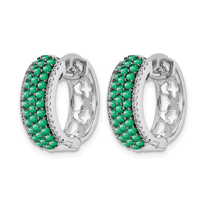 14k White Gold Diamond and Emerald 18mm Hinged Hoop Earrings - View 2