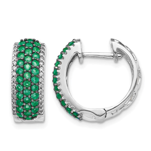 14k White Gold Diamond and Emerald 18mm Hinged Hoop Earrings