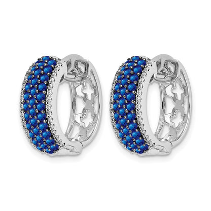 14k White Gold Diamond and Sapphire 18mm Hinged Hoop Earrings - View 2