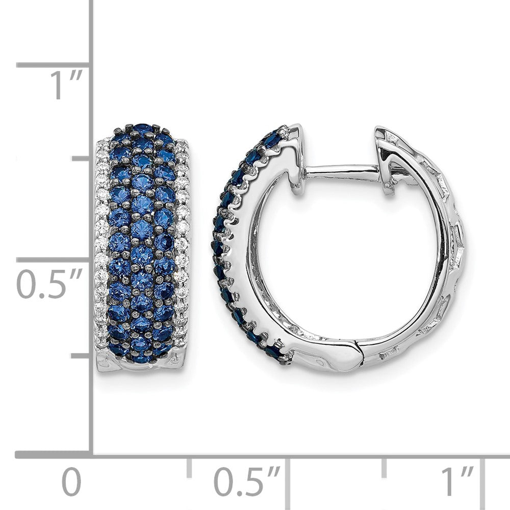 14k White Gold Diamond and Sapphire 18mm Hinged Hoop Earrings - View 4