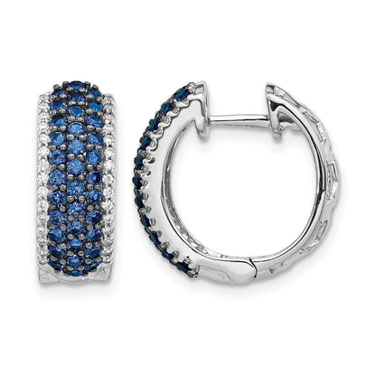 14k White Gold Diamond and Sapphire 18mm Hinged Hoop Earrings