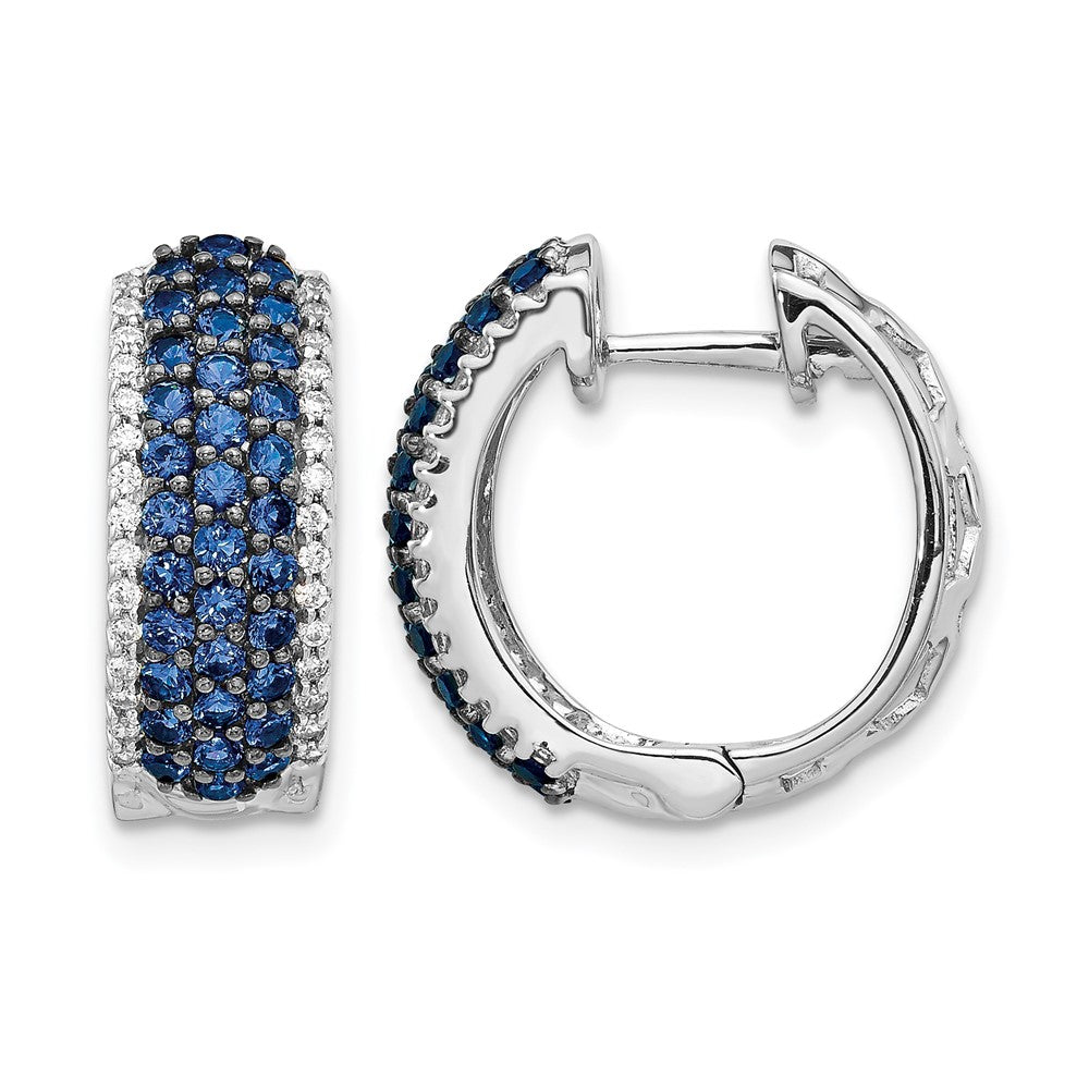 14k White Gold Diamond and Sapphire 18mm Hinged Hoop Earrings - View 1