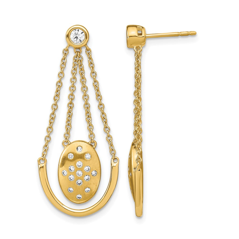 14k Satin/Polished 1/3 carat Diamond Oval with Chain Dangle Post Earrings - View 1