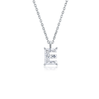 White gold necklace with an 'E' shaped diamond pendant on a white background