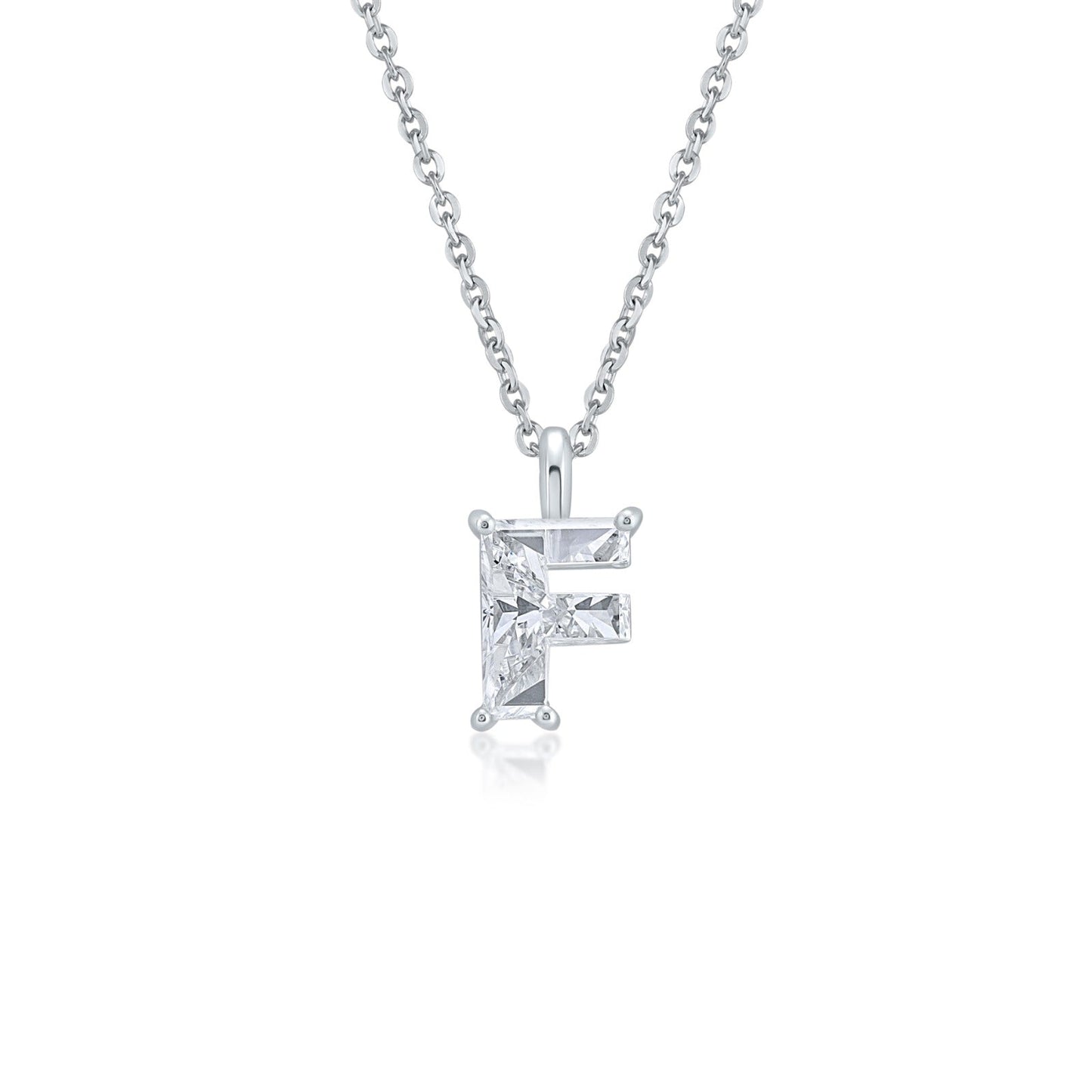 White gold necklace with an "F" shaped single diamond pendant on a white background