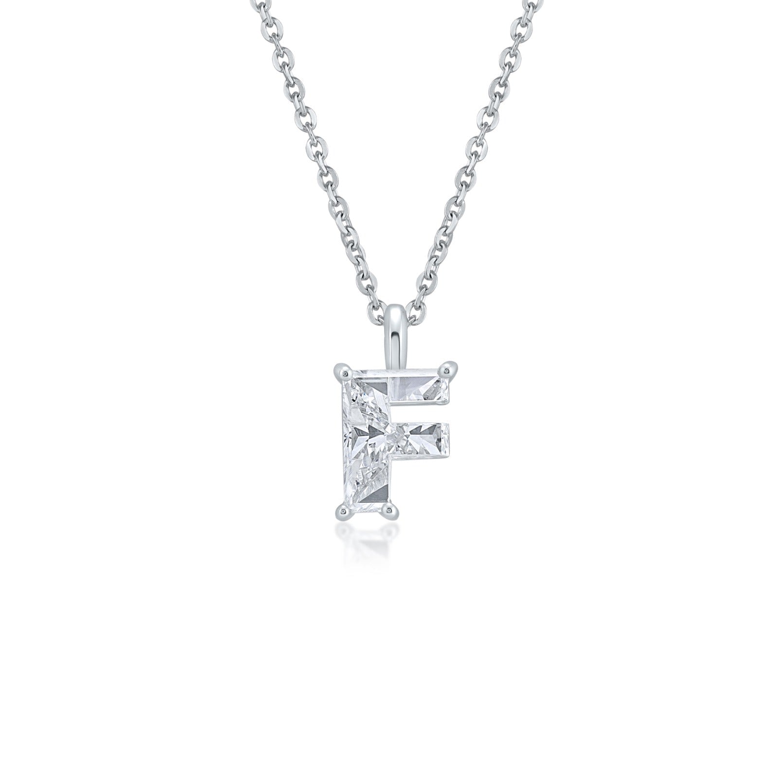 White gold necklace with an "F" shaped single diamond pendant on a white background