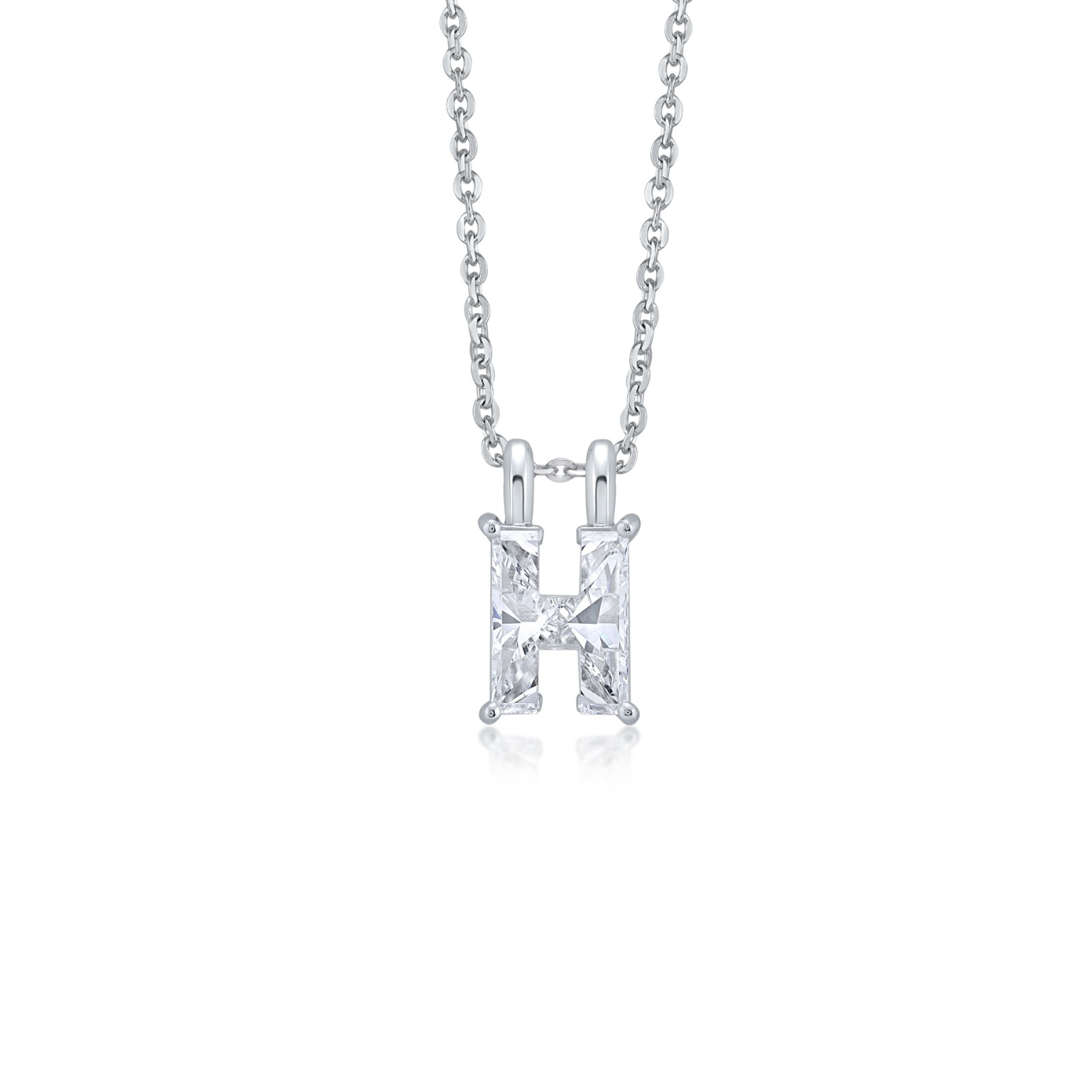 White gold necklace with an 'H' shaped diamond pendant on a white background