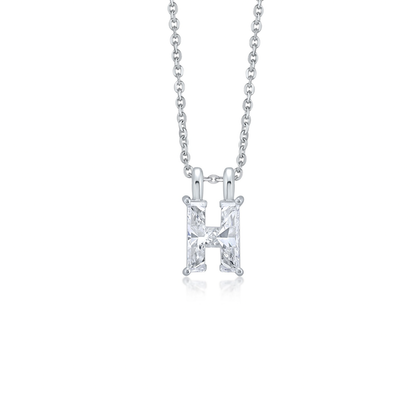 White gold necklace with an 'H' shaped diamond pendant on a white background