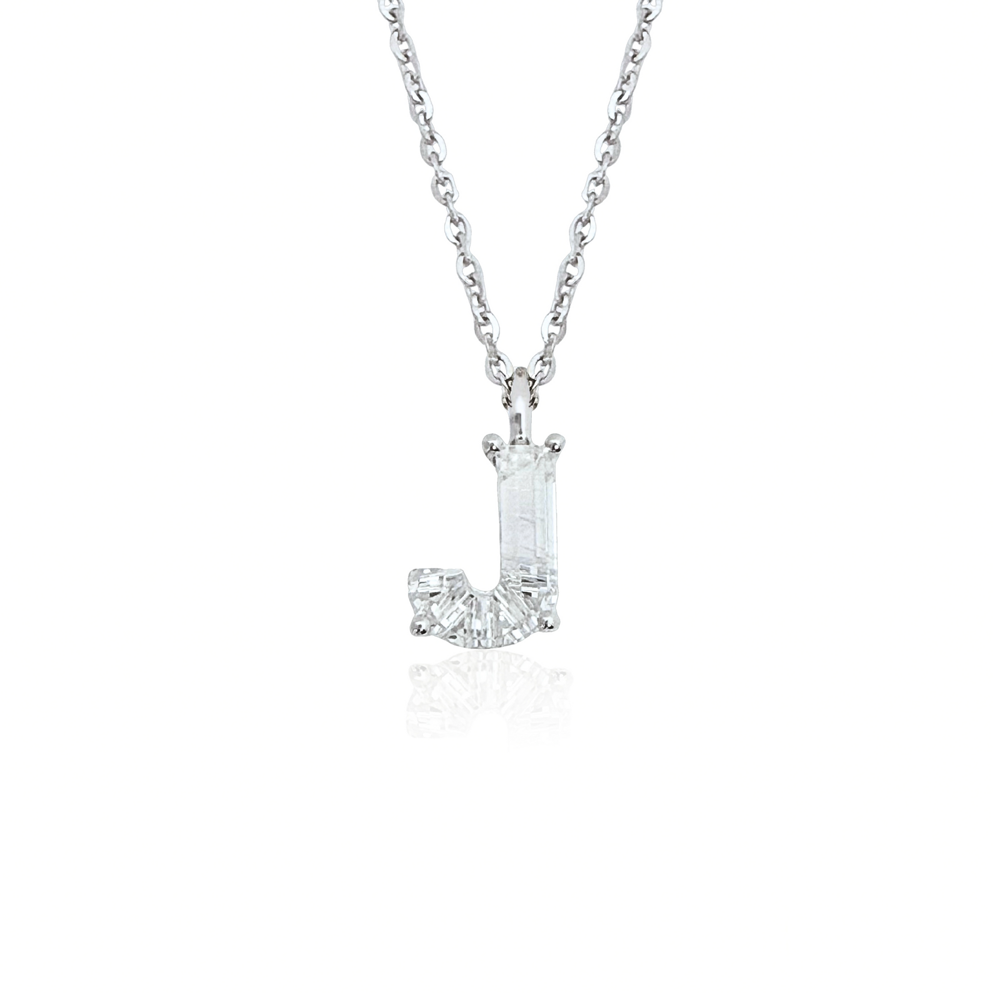 White gold necklace with a 'J' shaped diamond pendant on a white background