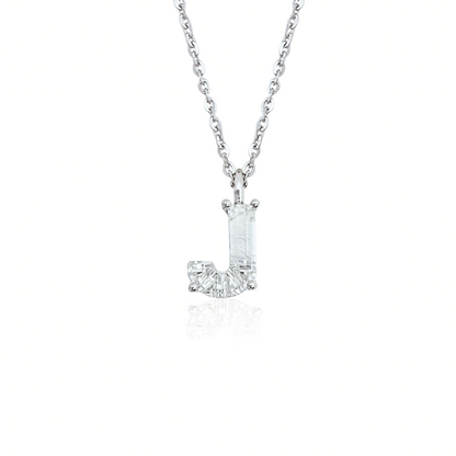 White gold necklace with a 'J' shaped diamond pendant on a white background