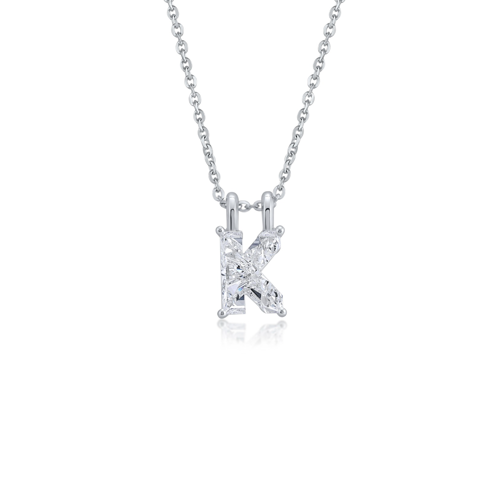White gold necklace with a 'K' shaped diamond pendant on a white background
